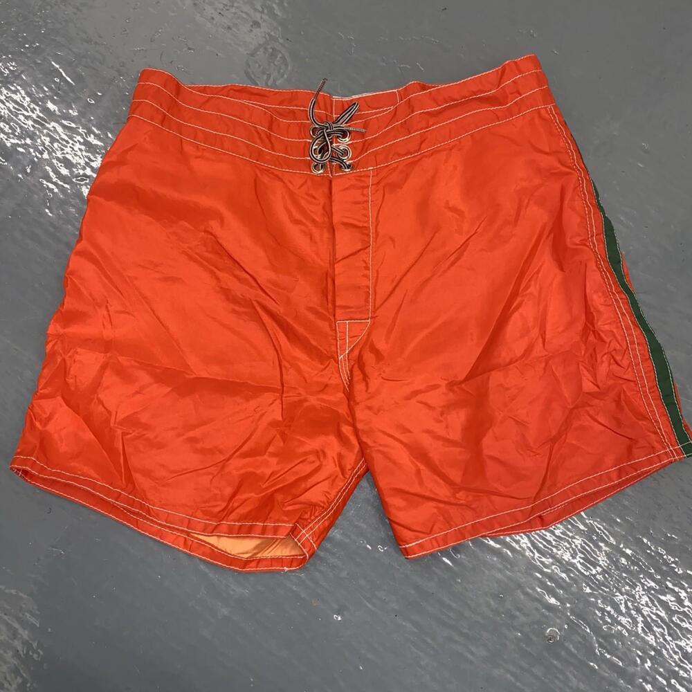 VTG Birdwell Birdie Beach Britches Orange Board shorts Green Side Stripes Sz 34